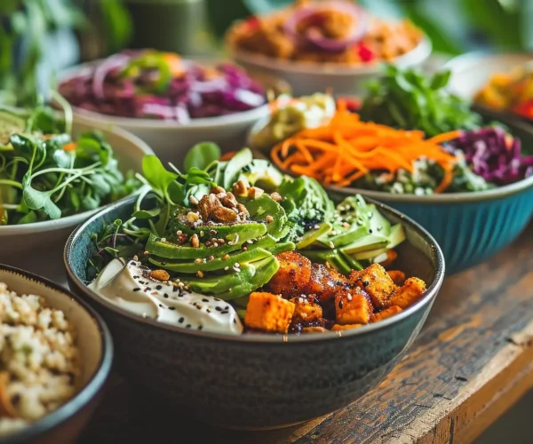 a table with healthy salads